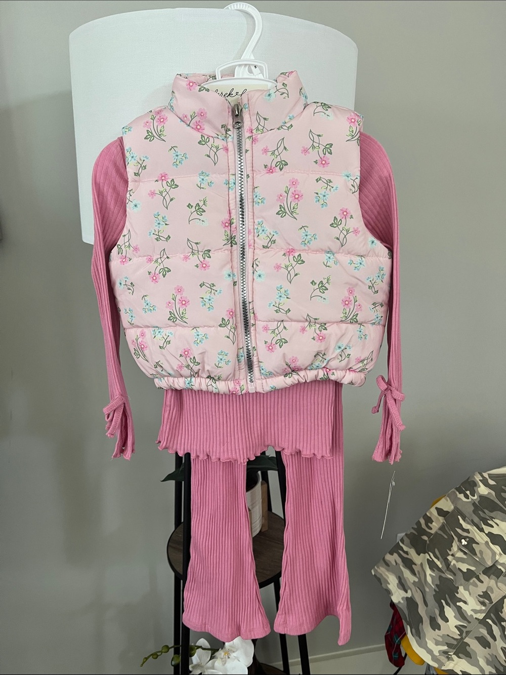 Derek Heart Pink Floral Puffer Vest with Rose Pink Ribbed Top & Pants Set